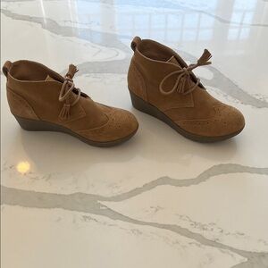 Land’s End Wedge Heel Tan Suede Ankle Boots
